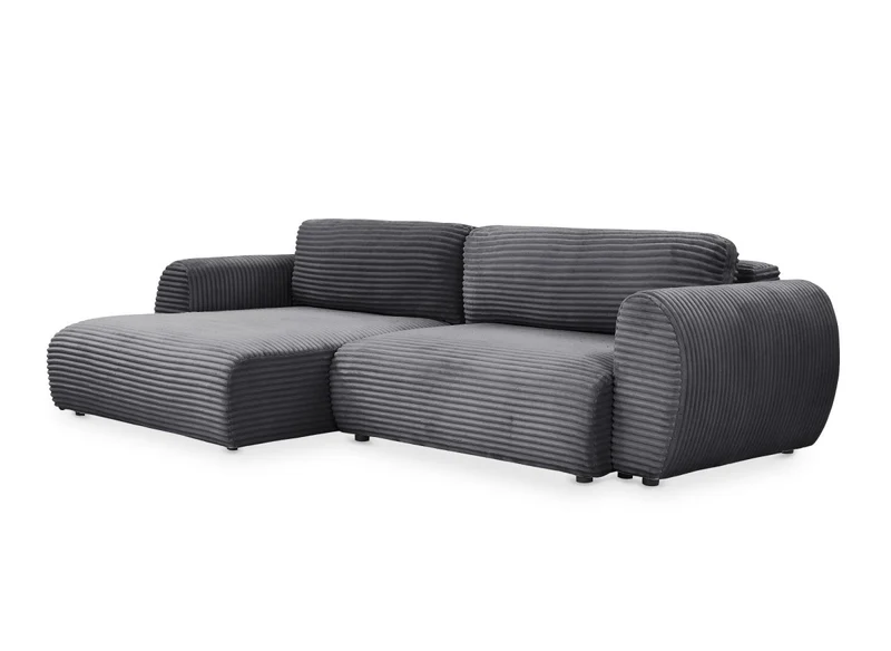 Canapé d'angle convertible avec coffre en velours gros côtelé doux gris TILDA - Angle gauche