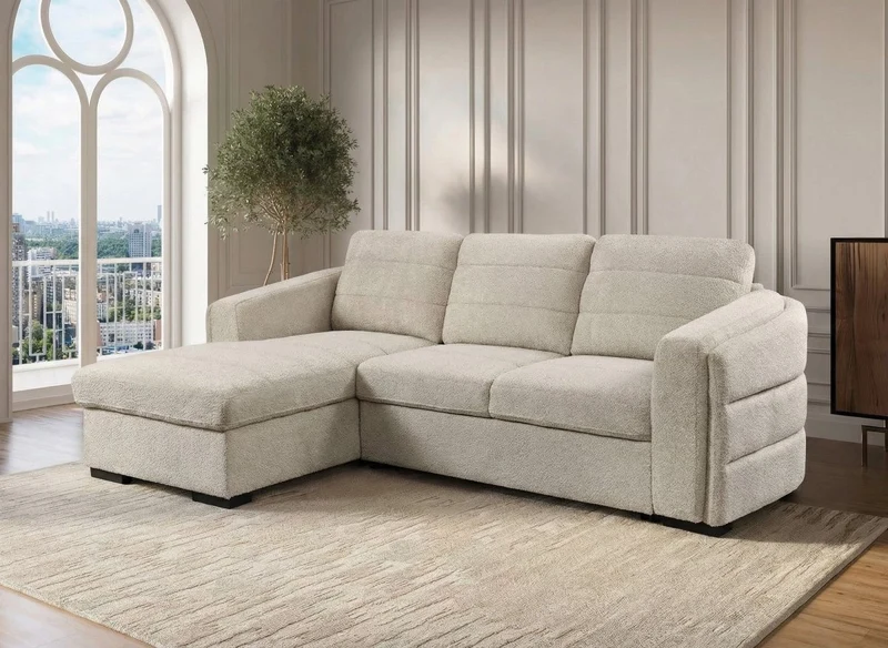 Canapé d'angle convertible avec coffre en tissu bouclette beige CALANDRA - Angle gauche