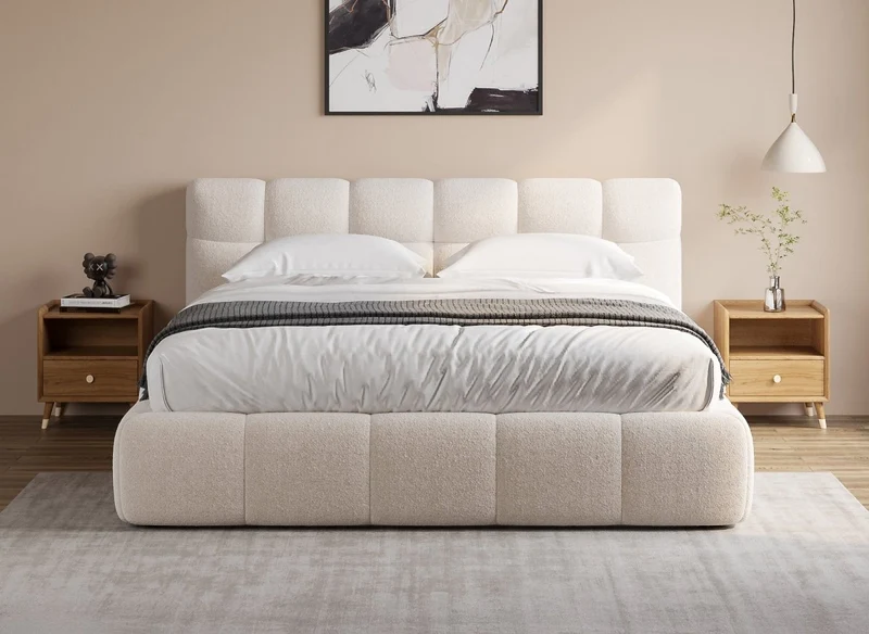 Lit double en tissu bouclette écru 160x200 cm GEORGINA