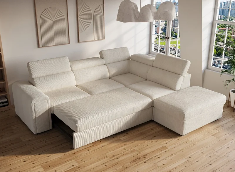 Canapé d'angle convertible avec coffre en velours côtelé épais beige ZENOVA - Angle droit