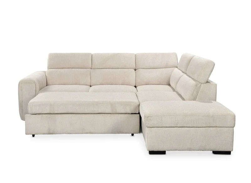 Canapé d'angle convertible avec coffre en velours côtelé épais beige ZENOVA - Angle droit