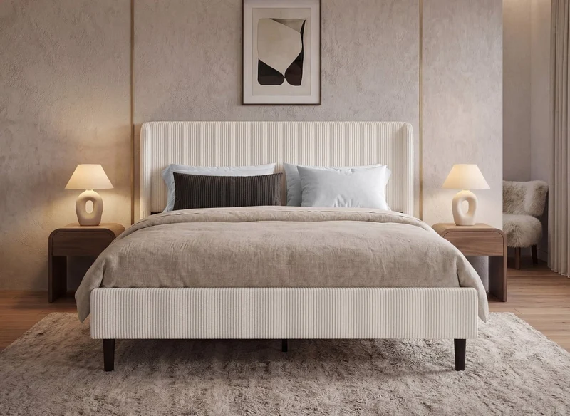 Lit double en velours côtelé épais beige 160x200cm LEVY