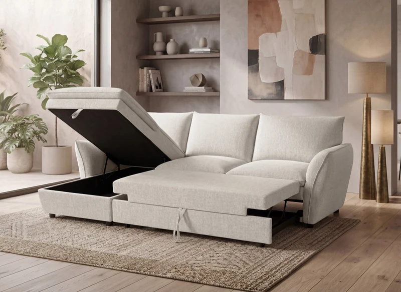 Canapé d'angle convertible avec coffre en tissu beige CAPUCINE - Angle gauche