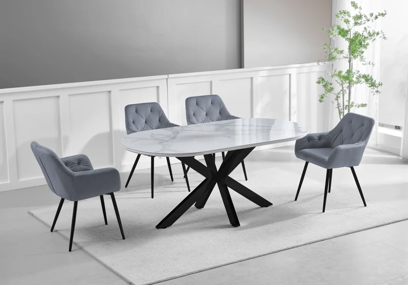 Table à manger ovale céramique marbre argent - Otho