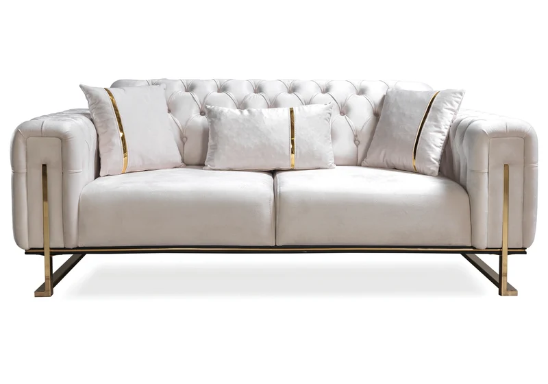 Canapé Turc Capitonné Velours Beige Doré Chesterfield - INCI