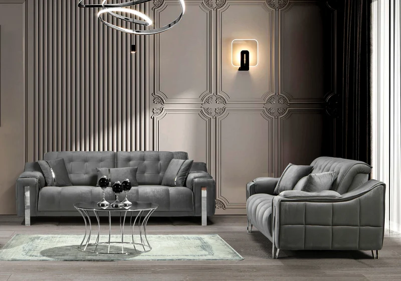 Canapé Turc Capitonné Velours Gris Design Argent – SINEM
