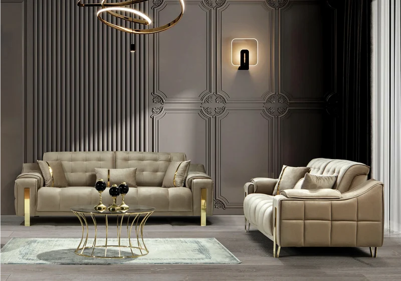 Canapé Turc Capitonné Velours Beige Design Doré - SINEM