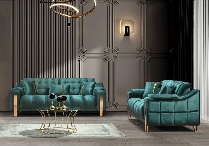 Canapé Turc Capitonné Velours Vert Design Doré – SINEM