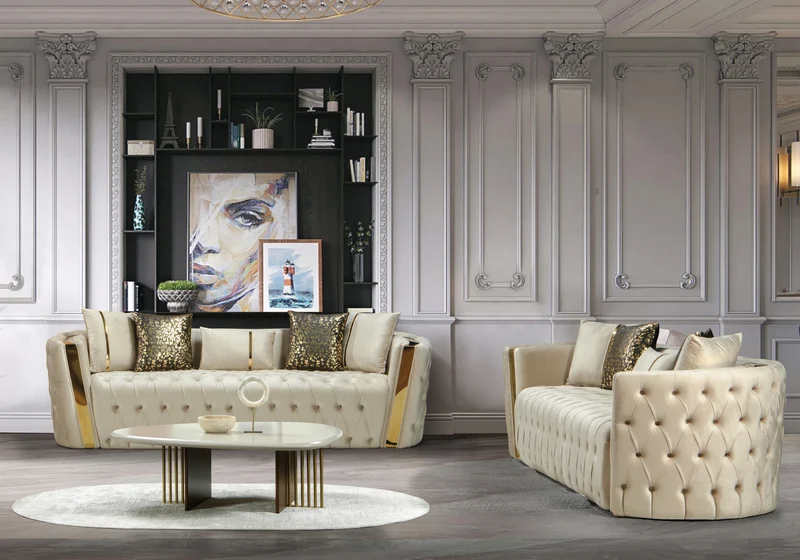 Canapé Turc Capitonné Chester Velours Beige Doré - NAPOLI
