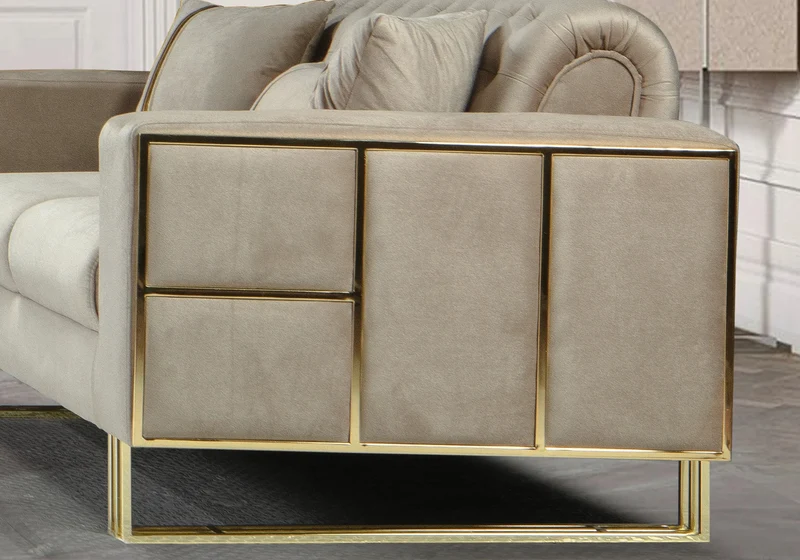 Canapé Turc Angle Capitonné Velours Beige Design Métal Doré – RIBELLA