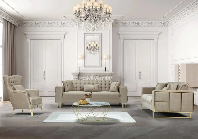 Canapé Turc Angle Capitonné Velours Beige Design Métal Doré – RIBELLA