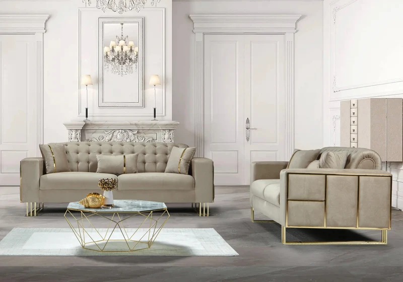 Canapé Turc Angle Capitonné Velours Beige Design Métal Doré – RIBELLA