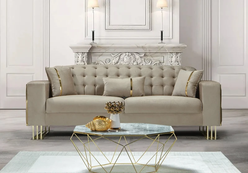 Canapé Turc Angle Capitonné Velours Beige Design Métal Doré – RIBELLA