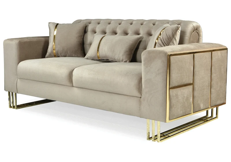 Canapé Turc Angle Capitonné Velours Beige Design Métal Doré – RIBELLA