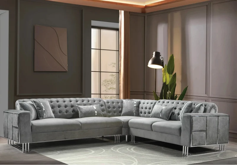 Canapé Turc Angle Capitonné Velours Gris Design Métal Argent – RIBELLA