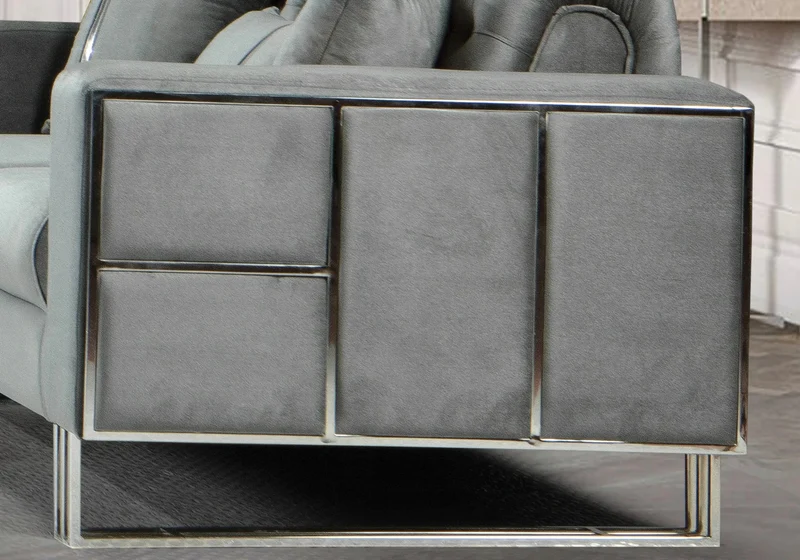 Canapé Turc Angle Capitonné Velours Gris Design Métal Argent – RIBELLA
