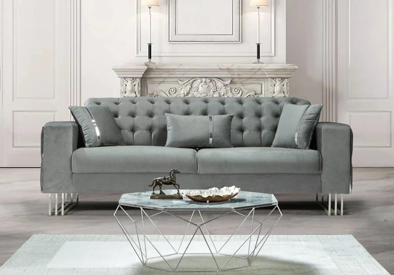 Canapé Turc Angle Capitonné Velours Gris Design Métal Argent – RIBELLA