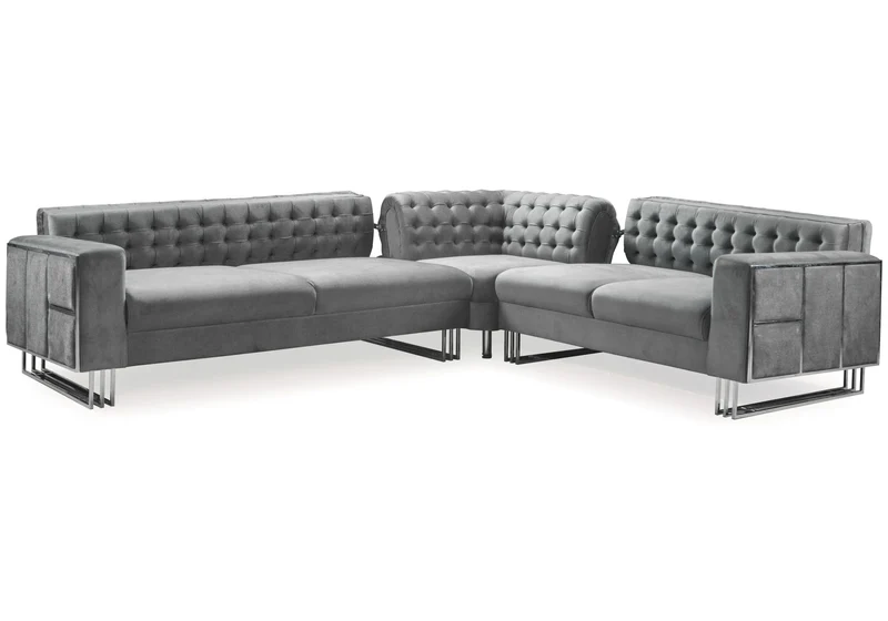 Canapé Turc Angle Capitonné Velours Gris Design Métal Argent – RIBELLA