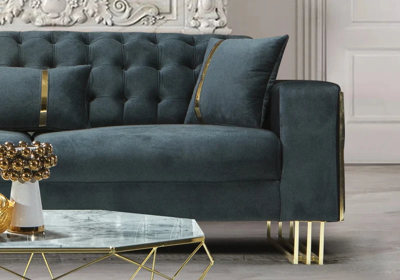 Canapé Turc Angle Capitonné Velours Anthracite Design Métal Doré – RIBELLA