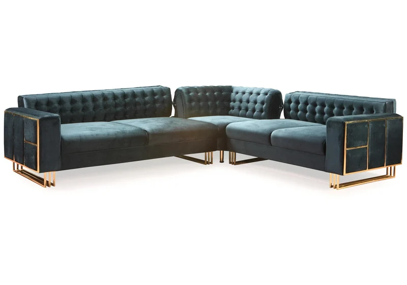 Canapé Turc Angle Capitonné Velours Anthracite Design Métal Doré – RIBELLA