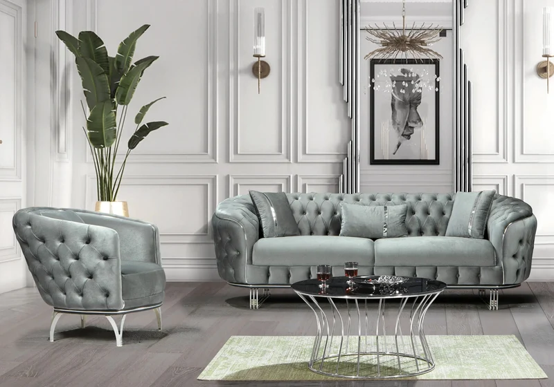 Canapé Turc Angle Capitonné Velours Gris Doré Chesterfield – PARIS