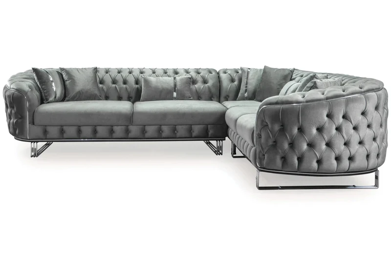 Canapé Turc Angle Capitonné Velours Gris Doré Chesterfield – PARIS