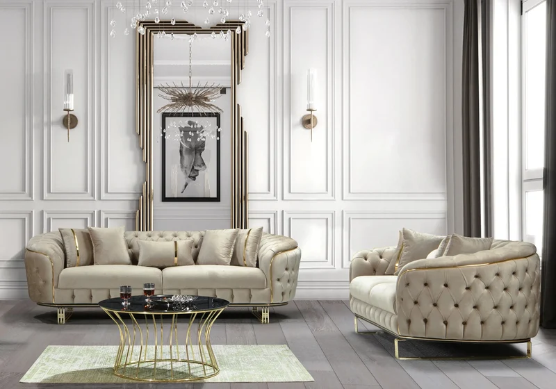 Canapé Turc capitonné velours beige et doré – Paris