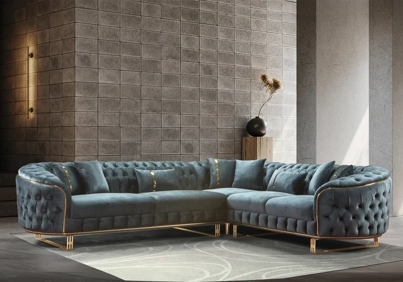 Canapé Turc Angle Capitonné Velours Anthracite Doré Chesterfield – PARIS