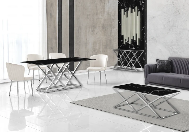 Bout de canapé marbre noir argent design - Erly