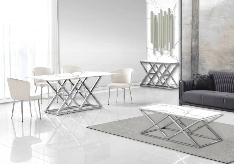 Bout de canapé marbre blanc argent design - Erly