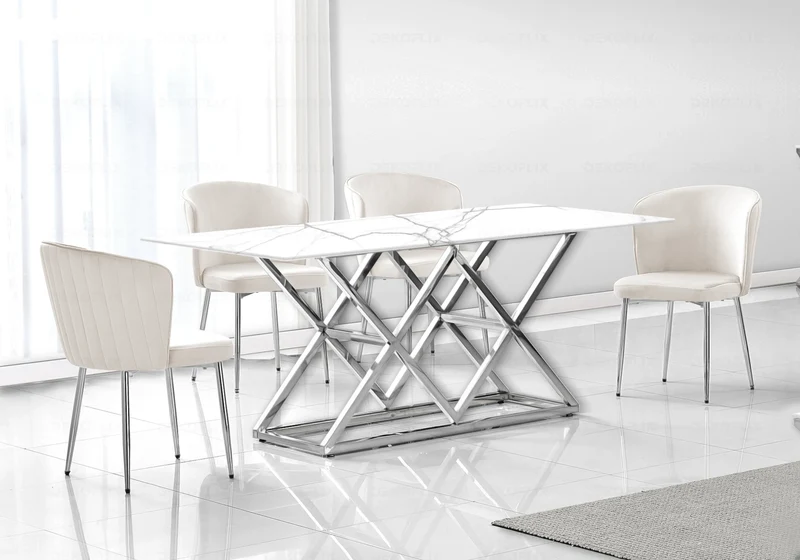 Table à manger effet marbre blanc et pied argent - Erly