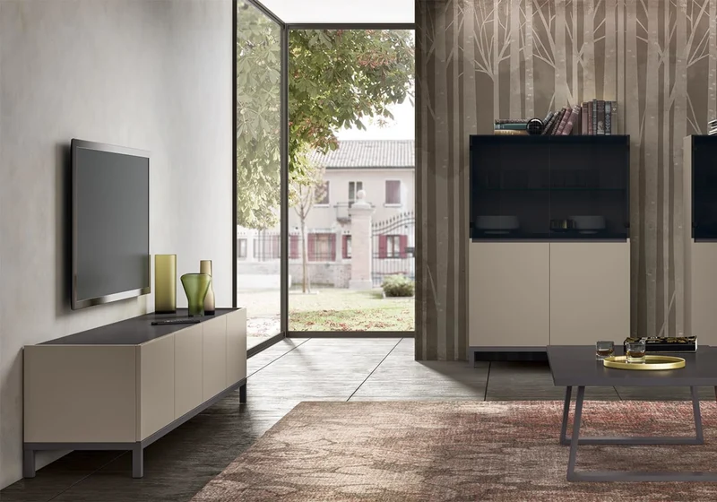 Meuble TV 2 portes et niche marbre pieds métal - Kali