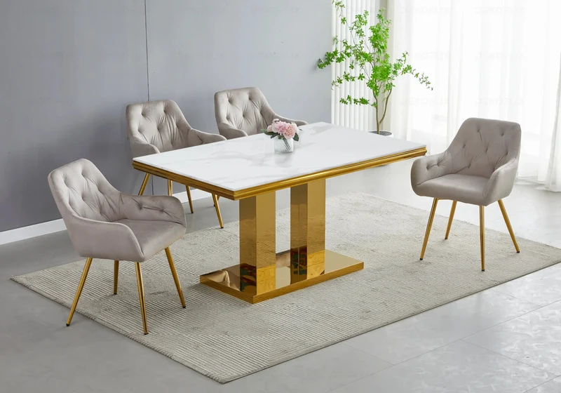 Table à manger marbre blanc dorée design - Versus