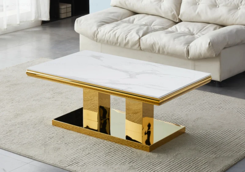 Table à manger marbre blanc dorée design - Versus