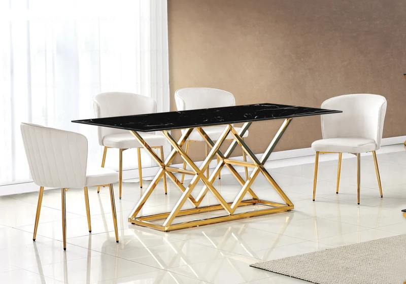 Table à manger effet marbre noir et pied doré - Erly