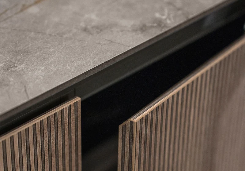 Meuble tv banc bois miel rainure - Hexagon