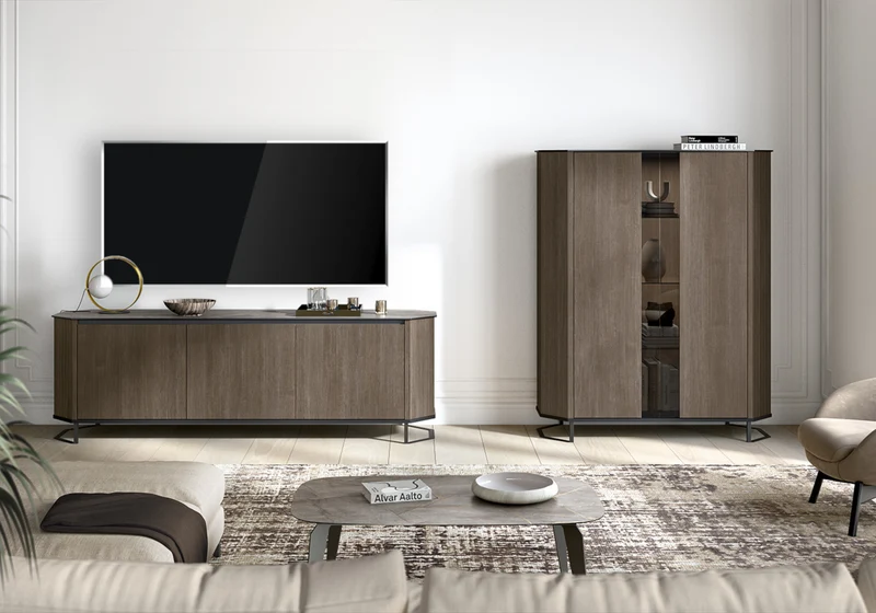 Meuble tv banc bois miel rainure - Hexagon