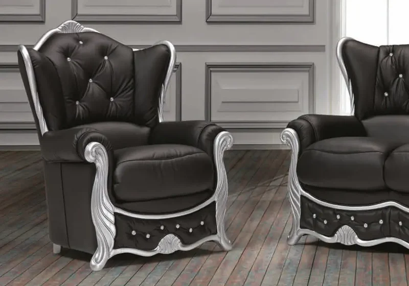 Canapé baroque argenté cuir noir DIANA