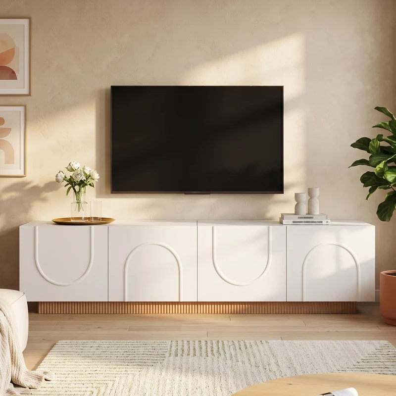 Meuble TV blanc, 4 portes, design arche cannelé moderne PILLOWWORK