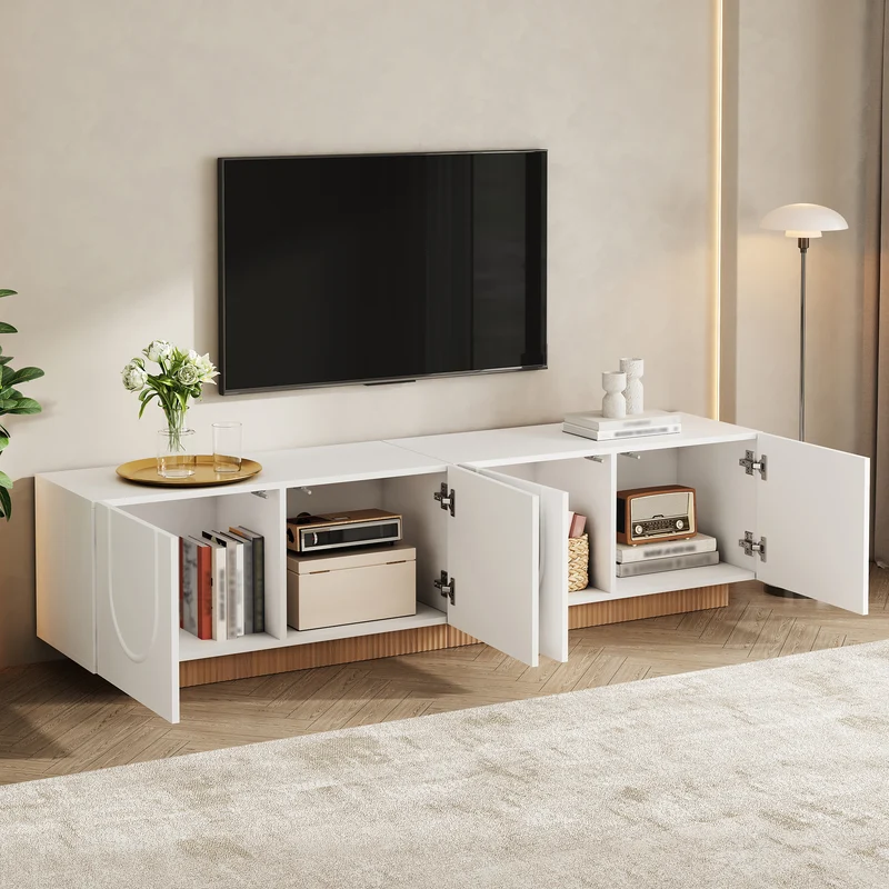 Meuble TV blanc, 4 portes, design arche cannelé moderne PILLOWWORK
