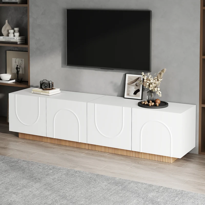 Meuble TV blanc, 4 portes, design arche cannelé moderne PILLOWWORK