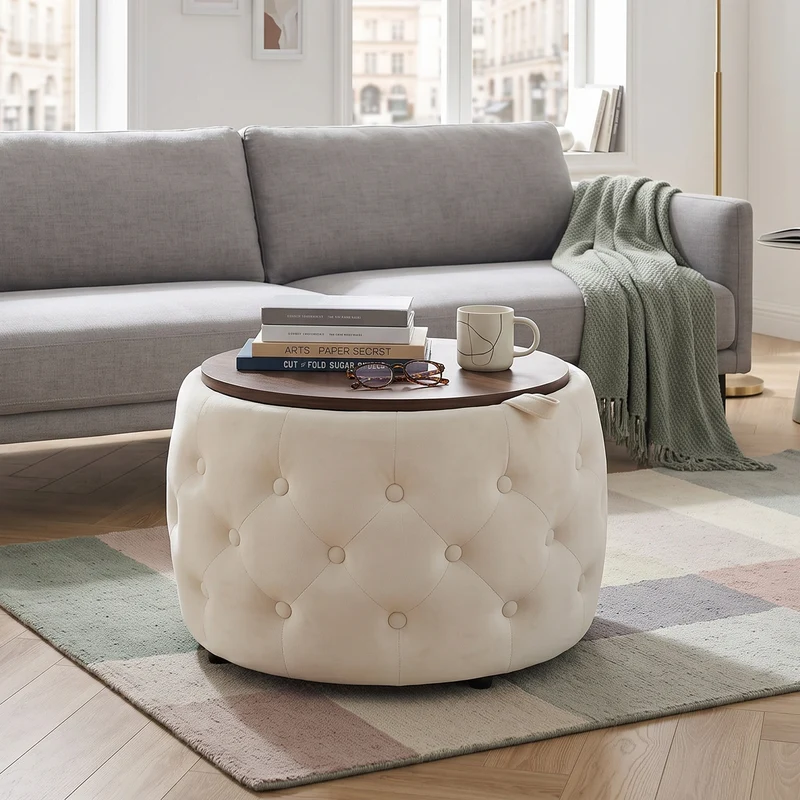 Poufs gigognes ronds en velours beige empilable avec rangement QUADRUG