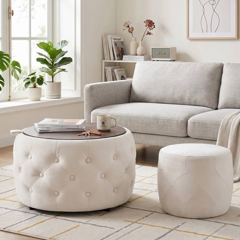 Poufs gigognes ronds en velours beige empilable avec rangement QUADRUG