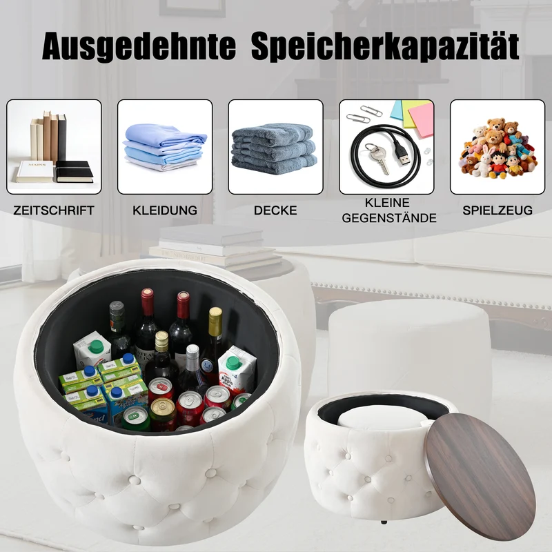 Poufs gigognes ronds en velours beige empilable avec rangement QUADRUG