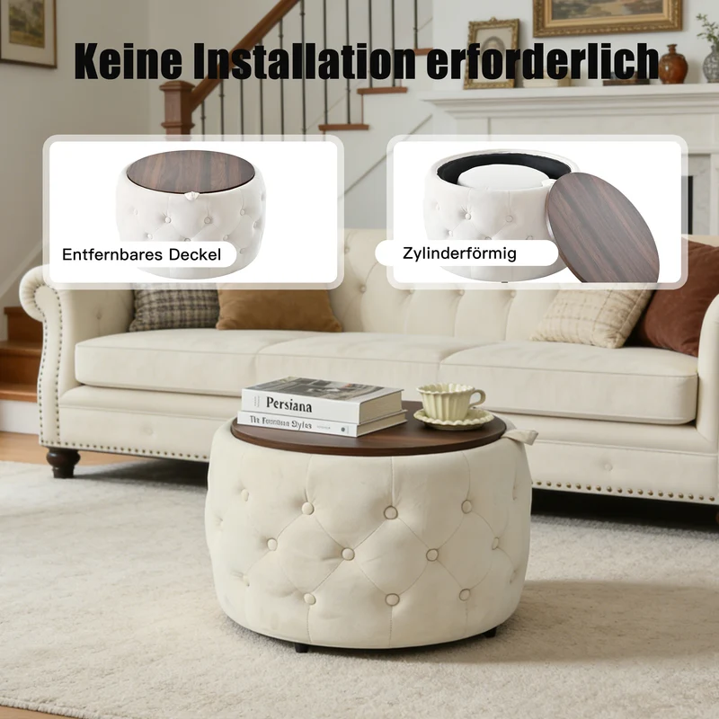Poufs gigognes ronds en velours beige empilable avec rangement QUADRUG