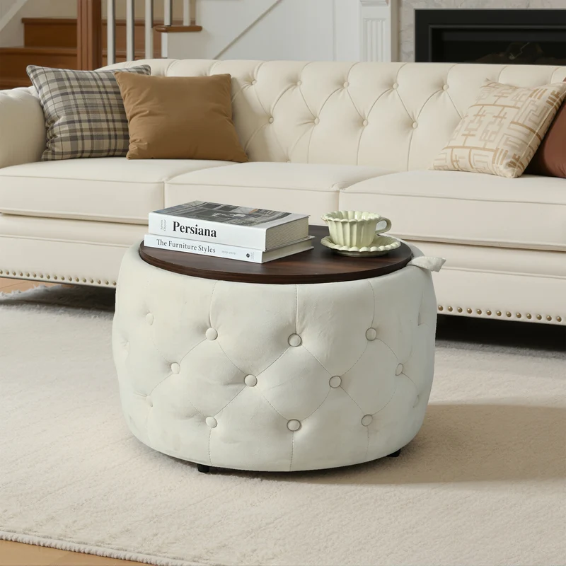 Poufs gigognes ronds en velours beige empilable avec rangement QUADRUG
