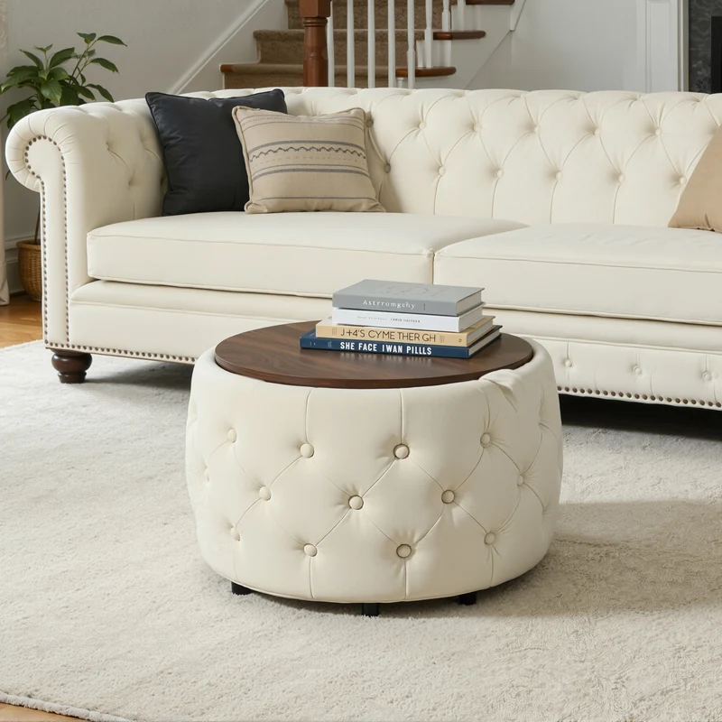 Poufs gigognes ronds en velours beige empilable avec rangement QUADRUG