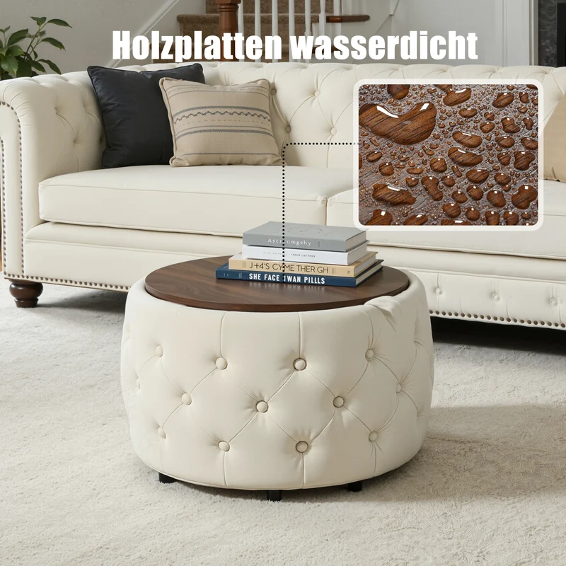 Poufs gigognes ronds en velours beige empilable avec rangement QUADRUG
