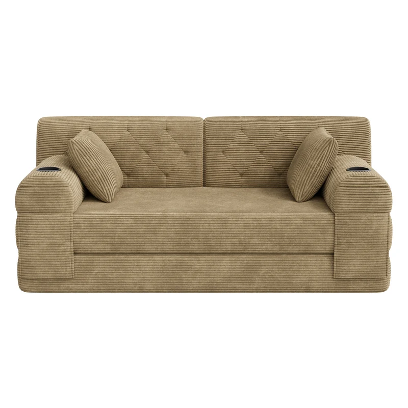 Canapé-lit 2 places convertible en velours côtelé kaki foncé 2 coussins haut dossier 168×80×81cm QUADROOM