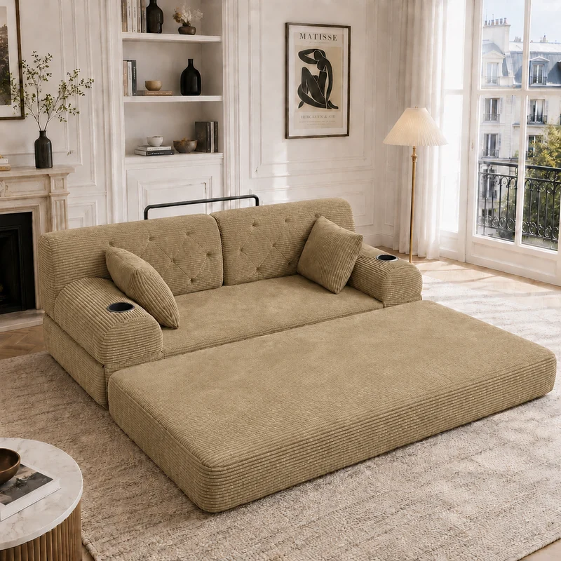 Canapé-lit 2 places convertible en velours côtelé kaki foncé 2 coussins haut dossier 168×80×81cm QUADROOM